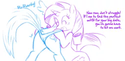 Size: 731x358 | Tagged: artist:raridashdoodles, clothes, comic, comic:rarity sets up a date for rainbow dash, derpibooru import, dialogue, dock, dressing, dress up, lineart, /mlp/, open mouth, panties, panty pull, rainbow dash, rainbutt dash, rarity, single panel, suggestive, underwear, wedgie