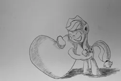 Size: 1560x1040 | Tagged: applejack, artist:inkygarden, charcoal drawing, derpibooru import, grayscale, heart, hug, monochrome, safe, sketch, solo, traditional art