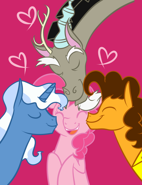 Size: 1185x1548 | Tagged: dead source, safe, artist:quincedork, derpibooru import, cheese sandwich, discord, pinkie pie, pokey pierce, cheesepie, discopie, female, harem, kiss on the cheek, kiss sandwich, kissing, male, pinkie pie gets all the stallions, pokeycheesepie, pokeypie, shipping, straight