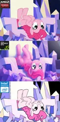 Size: 500x1015 | Tagged: safe, artist:joellethenose, derpibooru import, edit, edited screencap, screencap, pinkie pie, earth pony, pony, amd, comparison, female, intel, joke, mare, meme, nvidia, pc master race, radeon, scene interpretation, throne, twilight's castle, video card