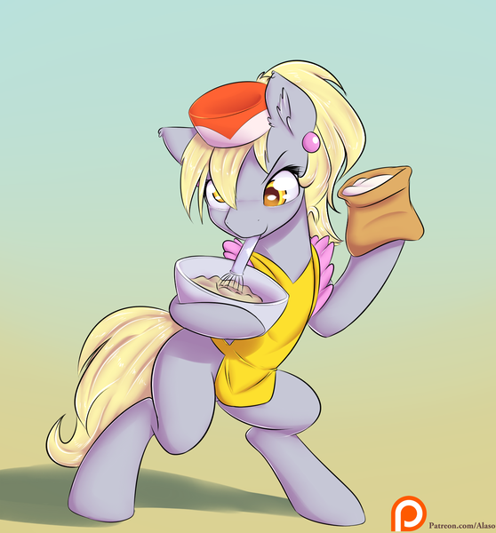 Size: 1325x1425 | Tagged: safe, artist:alasou, deleted from derpibooru, derpibooru import, derpy hooves, pony, accessory theft, apron, baking, bipedal, blushing, bowl, clothes, cute, derpabetes, earring, flour, hat, hoof hold, mixing bowl, mouth hold, patreon, patreon logo, piercing, smiling, solo, whisk