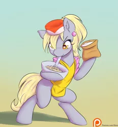 Size: 1325x1425 | Tagged: safe, artist:alasou, deleted from derpibooru, derpibooru import, derpy hooves, pony, accessory theft, apron, baking, bipedal, blushing, bowl, clothes, cute, derpabetes, earring, flour, hat, hoof hold, mixing bowl, mouth hold, patreon, patreon logo, piercing, smiling, solo, whisk