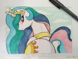 Size: 1280x960 | Tagged: suggestive, artist:littlehybridshila, derpibooru import, princess celestia, alicorn, pony, ass, beautiful, butt, crown, cutie mark, female, jewelry, looking back, mare, markers, multicolored mane, multicolored tail, photo, plot, praise the sun, purple eyes, regalia, royalty, smiling, solo, sunbutt, the ass was fat, tiara, traditional art