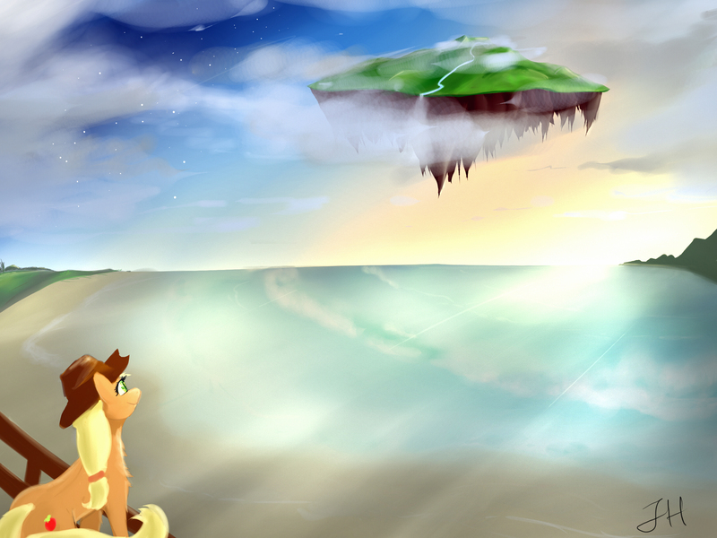 Size: 2400x1800 | Tagged: safe, artist:dashy21, derpibooru import, applejack, cloud, cloudy, floating island, smiling, stars, sun, water