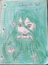Size: 1424x1920 | Tagged: safe, artist:rwbyrebirthfantasy, derpibooru import, queen chrysalis, hybrid, equestria girls, antagonist, breasts, cinder fall, crossover, female, fire, fusion, humanized, lined paper, rooster teeth, rwby, solo, traditional art