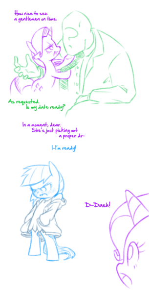 Size: 590x1162 | Tagged: safe, artist:raridashdoodles, derpibooru import, rainbow dash, rarity, oc, oc:anon, human, pony, comic:rarity sets up a date for rainbow dash, /mlp/, angry, bipedal, blushing, clothes, comic, dialogue, dress, hoodie, human on pony action, implied human on pony action, interspecies, rainbow dash always dresses in style, sketch, suit