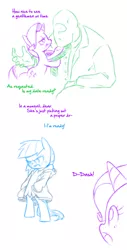 Size: 590x1162 | Tagged: safe, artist:raridashdoodles, derpibooru import, rainbow dash, rarity, oc, oc:anon, human, pony, comic:rarity sets up a date for rainbow dash, /mlp/, angry, bipedal, blushing, clothes, comic, dialogue, dress, hoodie, human on pony action, implied human on pony action, interspecies, rainbow dash always dresses in style, sketch, suit