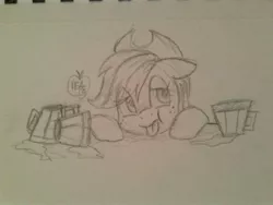 Size: 1280x960 | Tagged: safe, artist:notenoughapples, derpibooru import, applejack, cider, drunk, drunk aj, floppy ears, monochrome, mug, sketch, solo, tongue out, traditional art