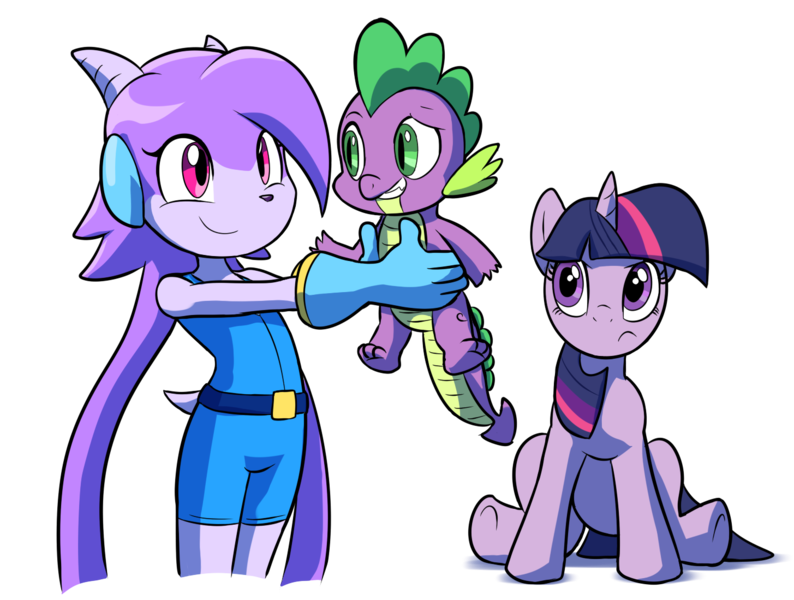 Size: 1455x1099 | Tagged: anthro, artist:goshaag, crossover, derpibooru import, dragon, freedom planet, lilac, purple, safe, sash lilac, simple background, spike, twilight sparkle, video game