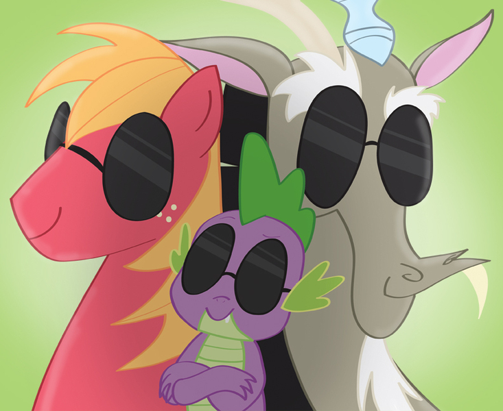 Size: 792x648 | Tagged: safe, artist:kimberlycolors, derpibooru import, big macintosh, discord, spike, earth pony, pony, bros, dude, hilarious in hindsight, male, stallion, sunglasses