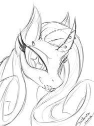 Size: 600x800 | Tagged: safe, artist:foldeath, derpibooru import, rarity, curved horn, eyebrow piercing, horn piercing, monochrome, piercing, portrait, sketch, solo, starry eyes, tongue out, tongue piercing