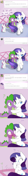 Size: 640x3902 | Tagged: safe, artist:mister-true, derpibooru import, rarity, spike, sweetie belle, animated, askfillyrarity, baby belle, blushing, comic, cute, diasweetes, faint, female, filly, kiss on the cheek, kissing, male, shipping, sparity, straight, tumblr, younger