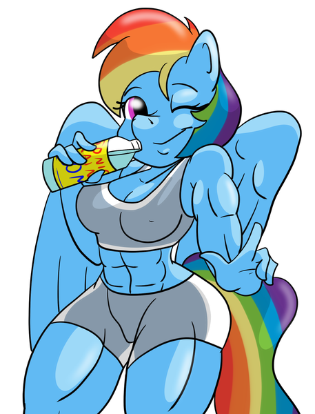 Size: 920x1208 | Tagged: abs, anthro, artist:ruckforderungreich, belly button, clothes, derpibooru import, female, midriff, muscles, rainbow dash, rainbuff dash, solo, solo female, sports bra, sports shorts, suggestive, towel, water bottle, wink, workout outfit