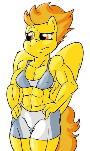 Size: 956x1595 | Tagged: abs, anthro, artist:ruckforderungreich, belly button, breasts, cleavage, clothes, derpibooru import, female, fitfire, midriff, muscles, solo, solo female, spitfire, sports bra, suggestive, unamused, wonderbolts, workout outfit