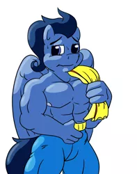 Size: 2850x3610 | Tagged: abs, anthro, artist:ruckforderungreich, bare chest, clothes, derpibooru import, muscles, nervous, solo, suggestive, topless, towel, wave chill, wonderbolts, workout outfit