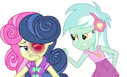 Size: 1117x683 | Tagged: artist needed, semi-grimdark, derpibooru import, edit, bon bon, lyra heartstrings, sweetie drops, equestria girls, abuse, abuse edit, black eye, bon abuse, crying, domestic abuse, eqg abuse edits, female, inverted mouth, simple background, transparent background