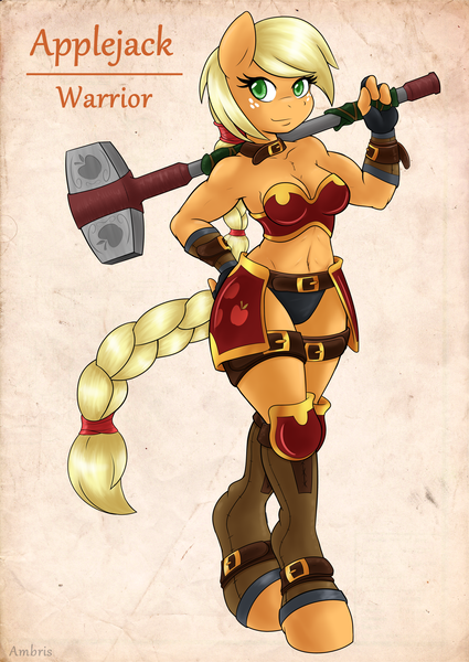 Size: 2550x3600 | Tagged: abs, adventuring is magic, alternate version, anthro, applejack, applejacked, armpits, artist:ambris, belly button, black underwear, breasts, chest fluff, cleavage, clothes, colored pupils, derpibooru import, female, hammer, midriff, multiple variants, muscles, panties, smiling, solo, suggestive, underwear, unguligrade anthro, war hammer, warrior, weapon