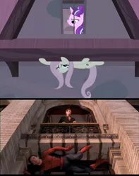 Size: 858x1091 | Tagged: comparison, derpibooru import, fluttershy, movie, norman osborn, peter parker, s5 starlight, safe, screencap, spider-man, starlight glimmer, the cutie map, tobey maguire, wall climbing, willem dafoe