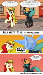 Size: 1024x1799 | Tagged: safe, artist:pony-berserker, derpibooru import, oc, oc:berzie, oc:miss libussa, unofficial characters only, changeling, pony, unicorn, angry, changeling oc, comic, czech republic, czechia, duo, female, hard hat, hat, i can't believe it's not idw, leaves, magic beam, magic blast, male, mare, ponysona, prague, raspberry, red background, simple background, tongue out, tourist, yellow background