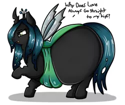 Size: 1359x1145 | Tagged: artist:graphenescloset, ass, bugbutt, changeling, changeling overfeeding, changeling queen, chubby cheeks, derpibooru import, fat, female, frown, impossibly large butt, impossibly wide hips, large butt, obese, open mouth, queen chrysalard, queen chrysalis, raised hoof, simple background, solo, suggestive, the ass was fat, weight gain, white background, wide hips