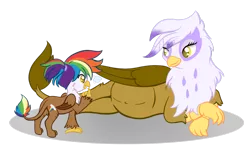 Size: 1024x657 | Tagged: safe, artist:gummysky, derpibooru import, gilda, rainbow dash, oc, oc:rainbow feather, gryphon, cute, family, interspecies offspring, magical lesbian spawn, mother and daughter, offspring, parent:gilda, parent:rainbow dash, parents:gildash, pregnant