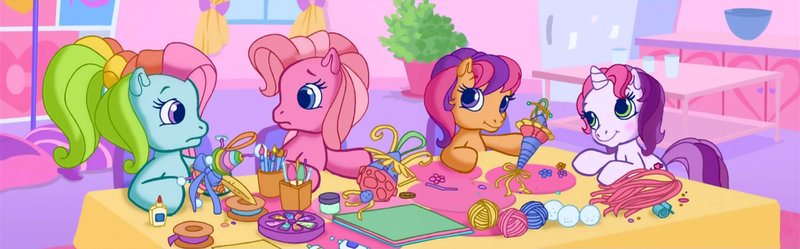 Size: 1396x435 | Tagged: blushing, derpibooru import, g3.5, g3 panorama, ornament, panorama, pinkie pie, rainbow dash, safe, scootaloo, screencap, stuffy stuff, sweetie belle, table, twinkle wish adventure