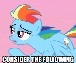 Size: 564x470 | Tagged: animated, bill nye the science guy, consider the following, derpibooru import, flying, image macro, meme, rainbow dash, safe, screencap, solo, text