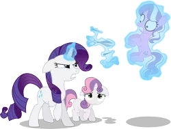 Size: 3958x3000 | Tagged: semi-grimdark, artist:theshadowstone, derpibooru import, diamond tiara, rarity, sweetie belle, earth pony, pony, unicorn, angry, black eye, disproportionate retribution, female, harsher in hindsight, levitation, magic, missing accessory, needle, out of character, scared, scissors, simple background, telekinesis, this will end in tears and/or death, tiarabuse, transparent background, trio, trio female, vector
