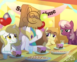 Size: 1024x830 | Tagged: artist:bluse, bag on head, balloon, cake, cakelestia, cheerilee, cookie, derpibooru import, disguise, face on a bag, female, filly, foal, fork, glass of water, jewelry, literal paper thin disguise, oc, paper bag, paper-thin disguise, party, princess celestia, regalia, safe, seems legit, show accurate, signature, table, water