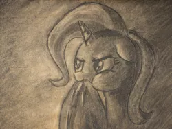 Size: 900x675 | Tagged: safe, artist:inkygarden, derpibooru import, trixie, pony, unicorn, charcoal drawing, female, hat, mare, monochrome, munching, sketch, solo, traditional art