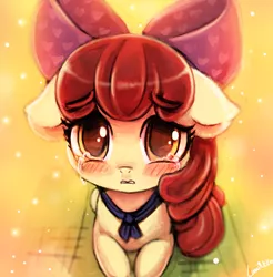 Size: 492x500 | Tagged: safe, artist:lumineko, derpibooru import, apple bloom, earth pony, pony, adorabloom, blushing, crying, cute, filly, floppy ears, hnnng, looking at you, prone, sad, solo, woobie