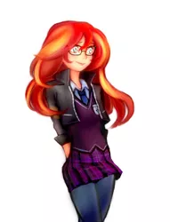 Size: 1000x1310 | Tagged: safe, artist:dzetawmdunion, derpibooru import, sunset shimmer, human, equestria girls, friendship games, alternate costumes, clothes, crystal prep academy, crystal prep academy uniform, crystal prep shadowbolts, glasses, humanized, pixiv, school uniform, simple background, skirt, solo, white background