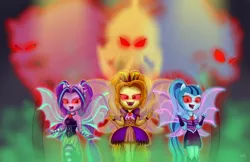 Size: 1280x828 | Tagged: safe, artist:sycotei-b, derpibooru import, adagio dazzle, aria blaze, sonata dusk, siren, equestria girls, rainbow rocks, fangs, fin wings, glowing eyes, ponied up, sleeveless, the dazzlings, welcome to the show