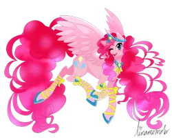 Size: 1280x1024 | Tagged: safe, artist:linamomoko, derpibooru import, pinkie pie, alicorn, pony, alicornified, pinkiecorn, race swap, simple background, solo, the end is neigh, transparent background, wink, xk-class end-of-the-world scenario