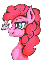 Size: 800x1153 | Tagged: safe, artist:rozzy3, derpibooru import, pinkie pie, butterfly, bust, portrait, solo, tongue out, traditional art