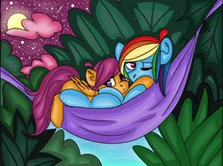 Size: 1024x760 | Tagged: safe, artist:dolphininspace, derpibooru import, rainbow dash, scootaloo, pegasus, pony, bush, hammock, one eye closed, pink cloud, stars, water