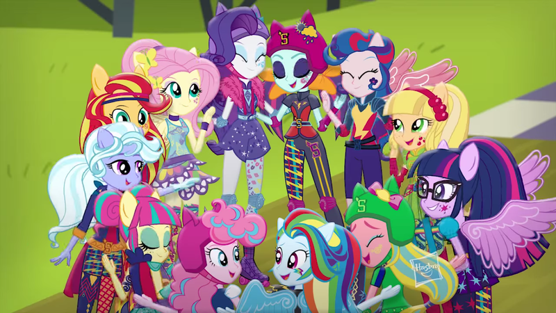 Size: 1366x768 | Tagged: safe, derpibooru import, screencap, applejack, fluttershy, indigo zap, lemon zest, pinkie pie, rainbow dash, rarity, sci-twi, sour sweet, sugarcoat, sunny flare, sunset shimmer, twilight sparkle, equestria girls, friendship games, commercial, group hug, hug, humane seven, humane six, mane six, ponied up, pony ears, scitwilicorn, shadow five, shadow six, unleash the magic (commercial), youtube link