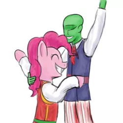 Size: 1000x1000 | Tagged: artist:unsavorydom, clothes, costume, derpibooru import, human, oc, oc:anon, pinkie pie, polka, safe, smiling