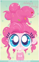 Size: 563x893 | Tagged: safe, artist:ilianagatto, derpibooru import, pinkie pie, human, alternate hairstyle, braces, candy, cute, food, grin, gummy bear, heart, humanized, lollipop, looking at you, messy mane, smiling, solo, squee, starry eyes, wingding eyes
