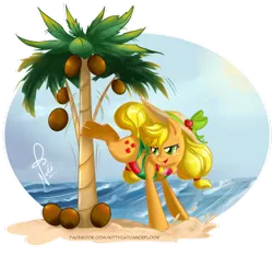 Size: 600x560 | Tagged: safe, artist:nekoi-echizen, derpibooru import, applejack, earth pony, pony, beach, bucking, clothes, coconut, coconut tree, female, mare, one-piece swimsuit, open-back swimsuit, palm tree, solo, swimsuit, tree, water