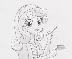 Size: 2679x2210 | Tagged: safe, artist:ponysubmarine, derpibooru import, sweetie belle, equestria girls, cake, cute, humanized, monochrome, shading, solo, traditional art