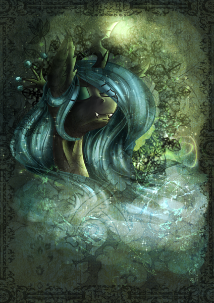 Size: 1200x1700 | Tagged: safe, artist:karmamoonshadow, derpibooru import, queen chrysalis, changeling, eyes closed, solo