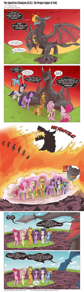 Size: 1350x4655 | Tagged: safe, artist:saturdaymorningproj, artist:szafalesiaka, derpibooru import, applejack, fluttershy, pinkie pie, rainbow dash, rarity, twilight sparkle, twilight sparkle (alicorn), alicorn, dragon, pony, censored vulgarity, comic, crossover, deathwing, dialogue, female, grawlixes, mane six, mare, rage quit, speech bubble, warcraft, world of warcraft