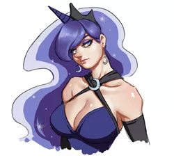 Size: 600x553 | Tagged: artist:scarletdesires, bedroom eyes, breasts, busty princess luna, cleavage, clothes, derpibooru import, dress, earring, evening gloves, female, gloves, horned humanization, human, humanized, looking at you, piercing, princess luna, safe, smiling, solo