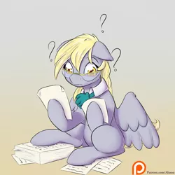 Size: 1300x1300 | Tagged: safe, artist:alasou, deleted from derpibooru, derpibooru import, derpy hooves, pony, accessory theft, cute, derpabetes, floppy ears, glasses, hoof hold, mayor, paper, patreon, patreon logo, question mark, role reversal, sitting, solo