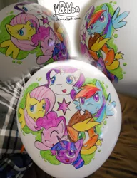 Size: 2300x3000 | Tagged: safe, artist:ponballoon, deleted from derpibooru, derpibooru import, applejack, fluttershy, pinkie pie, rainbow dash, rarity, twilight sparkle, twilight sparkle (alicorn), alicorn, pony, balloon, cute, eyes closed, grin, irl, mane six, open mouth, paint on balloon, photo, sharpie, smiling