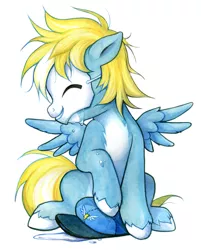 Size: 600x748 | Tagged: safe, artist:miszasta, derpibooru import, oc, oc:yellow flash, unofficial characters only, pegasus, pony, crying, hat, mask, messy mane, sad, solo, traditional art, watercolor painting, wonderbolts logo