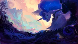 Size: 1920x1080 | Tagged: safe, artist:huussii, derpibooru import, princess luna, tantabus, alicorn, pony, do princesses dream of magic sheep, beautiful, cloud, color porn, dark, day, dream, dreamscape, duality, eyes closed, female, fibonacci spiral, flying, frown, light, mare, night, peytral, scenery, scenery porn, shadow, silhouette, spread wings, surreal, waterfall, wings