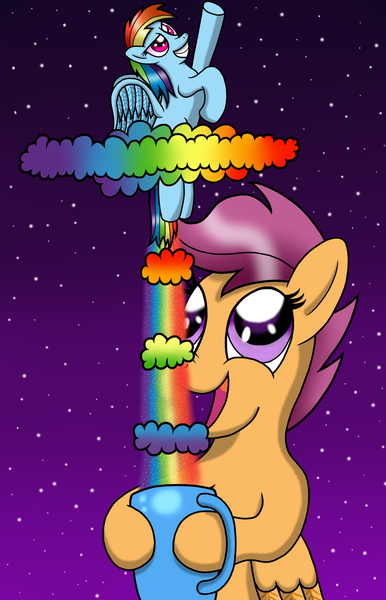 Size: 1024x1592 | Tagged: safe, artist:heartshielder1991, derpibooru import, rainbow dash, scootaloo, pony, cup, cup of pony, flying, grin, looking up, micro, open mouth, smiling, smirk, sonic rainboom, spread wings, stars, tiny ponies