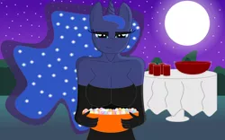 Size: 1680x1050 | Tagged: anthro, artist:dnantti, breasts, candy, cleavage, clothes, derpibooru import, dress, evening gloves, female, gloves, looking at you, moon, nightmare night, princess luna, punch, punch bowl, punch (drink), safe, smiling, solo, table